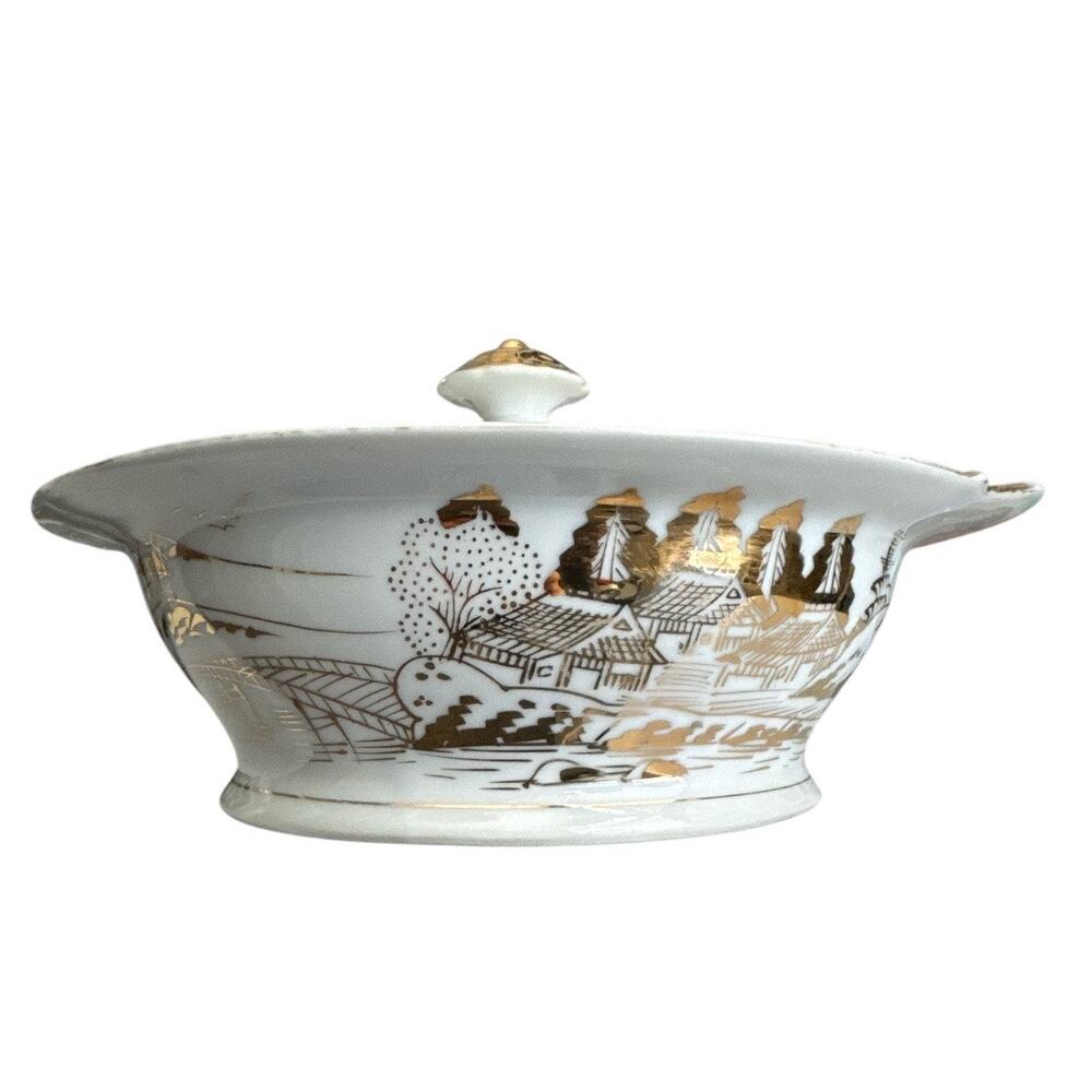Japanese Kutani Serving Bowl with Lid White Gold - Picture 2 of 10
